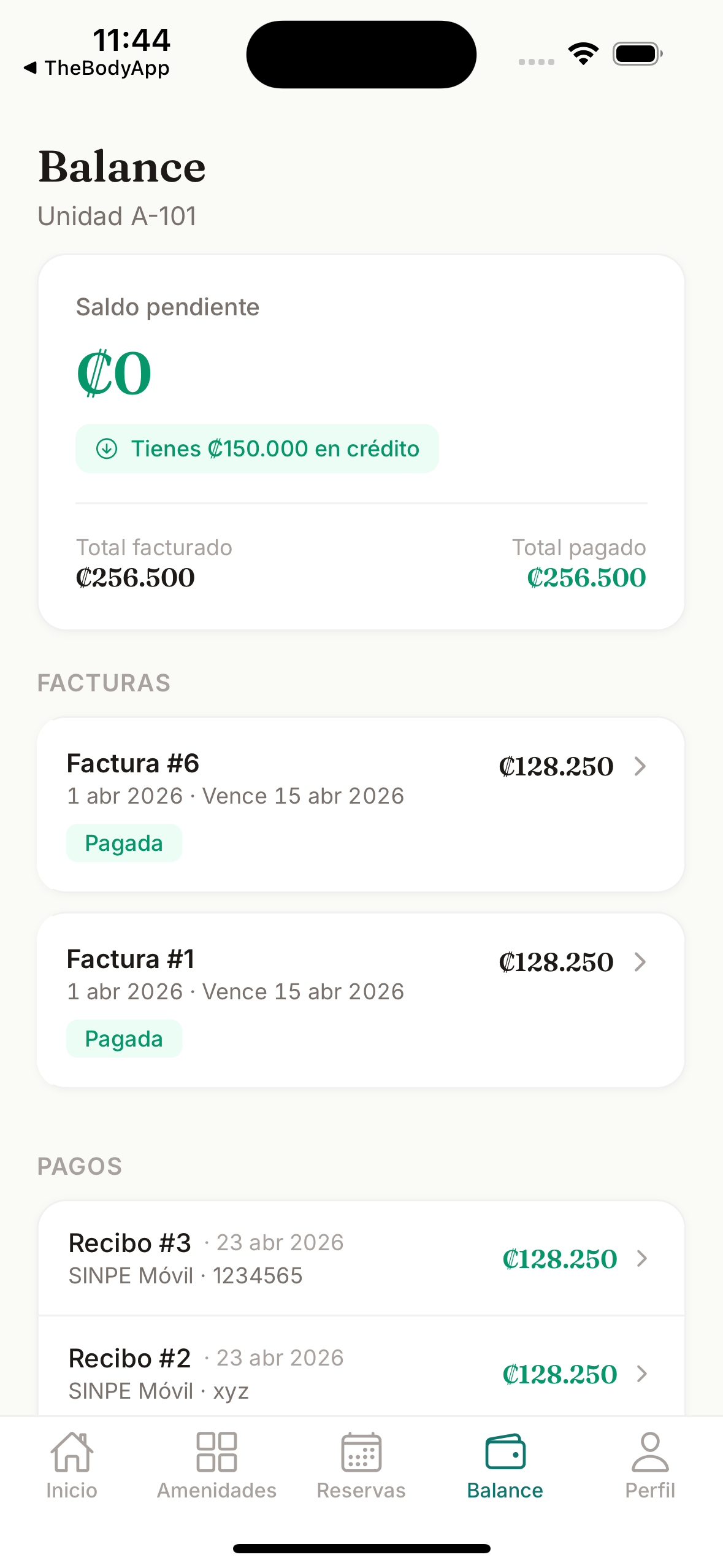 App de Condova mostrando el saldo del residente